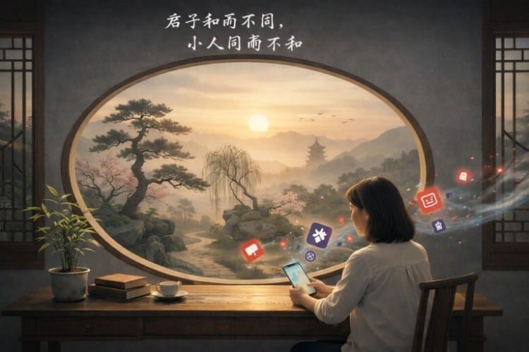 圆窗书房里一位女子看手机，社交媒体图标化作烟尘飘散，寓意远离无谓争论与情绪噪音