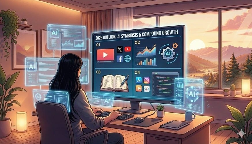 朝阳光线下的居家书桌，一台打开的电脑、书本与笔记本摆放在窗前，窗外是安静的山林与薄雾，象征在家中以写作与思考展开的 2026 年创作与工作展望。