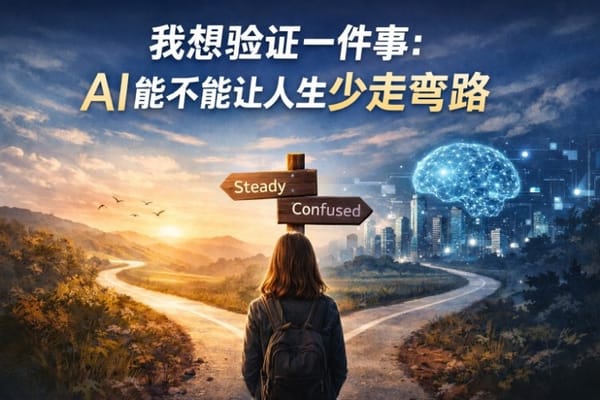 女性背影站在分岔路前，路标指向“Steady/Confused”，寓意我在验证：AI 能否帮助我们少走弯路、少犯低级错误。
